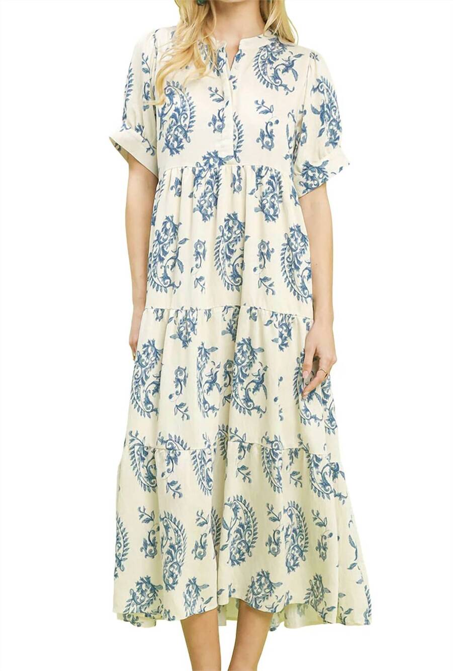 NEW UMGEE tiered textured midi dress in blue mix